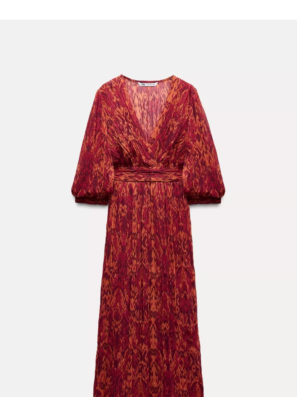 Zara V-Neck Midi Dress in Red and Orange Ikat
